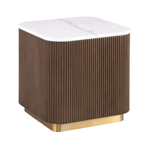 English Elm Brown Round End Table Genuine Marble Top Reeded Plinth Base Gold Steel Accents B2741P476067