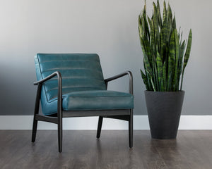 Sunpan Lyric Lounge Chair - Stylish Mid-century Modern Design In Vintage Peacock Leather & Oak Frame Teal Leather 104093