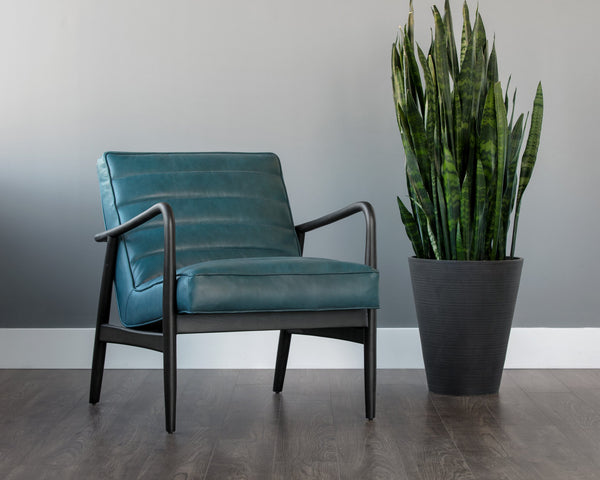 Sunpan Lyric Lounge Chair - Stylish Mid-century Modern Design In Vintage Peacock Leather & Oak Frame Teal Leather 104093