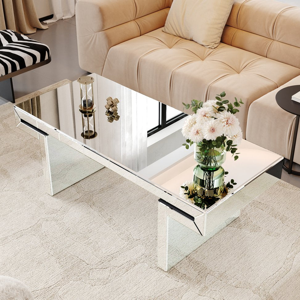 English Elm 47 Luxury Rectangular Mirror Coffee Table 47" x 23" Fluted Tempered Glass, Fold-Back Design, Glam Centerpiece W1445P299049