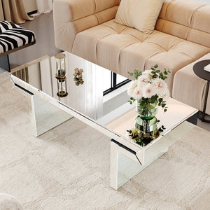 English Elm 47 Luxury Rectangular Mirror Coffee Table 47" x 23" Fluted Tempered Glass, Fold-Back Design, Glam Centerpiece W1445P299049