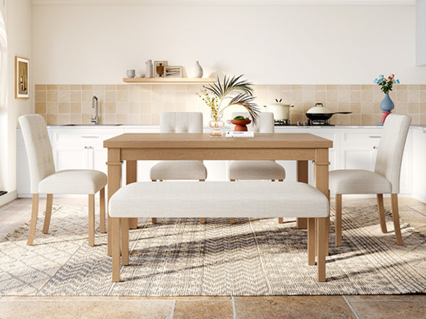 English Elm 6-piece Rectangular Dining Set with Wood Grain Table Four Upholstered Chairs and Bench Natural N752S000012N