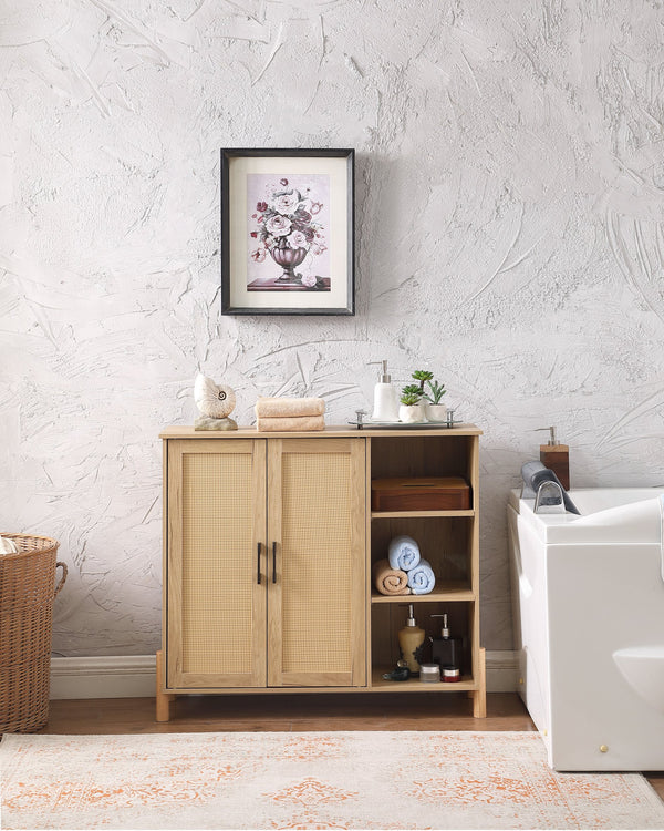 English Elm Mid-Century Woven Rattan Door Storage Cabinet with Adjustable Shelves and Solid Wood Legs, Stylish and Functional Natural 39.4 L x 15 W x 6.7 H W3151P288913