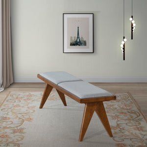 English Elm Ashcroft Furniture - Keira Mid-Century Solid Wood Bench with Grey Fabric Upholstery and Walnut Legs, 55.9" x 16.7" B183P232013