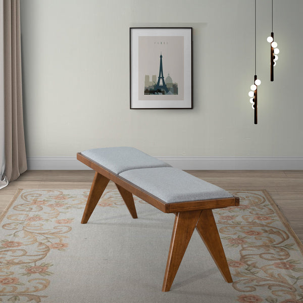 English Elm Ashcroft Furniture - Keira Mid-Century Solid Wood Bench with Grey Fabric Upholstery and Walnut Legs, 55.9" x 16.7" B183P232013