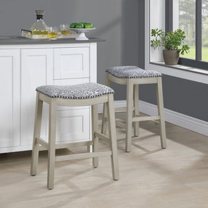 OSP Home Furnishings 24" Saddle Stool - Set of 2 Damask Navy / White Washed
