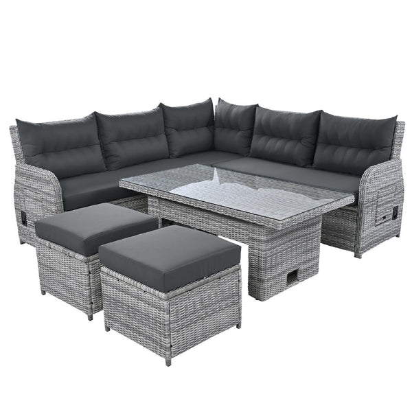 English Elm Outdoor Furniture Set: Modern Rattan Patio Set With Adjustable Recliners, Glass Tables & Ottomans N719Z000120E-GIGA
