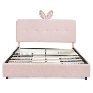 English Elm Queen Boucle Upholstered Kids Bed with Rabbit Ear Headboard Led Lighting Storage Drawers Pink W1413P384926