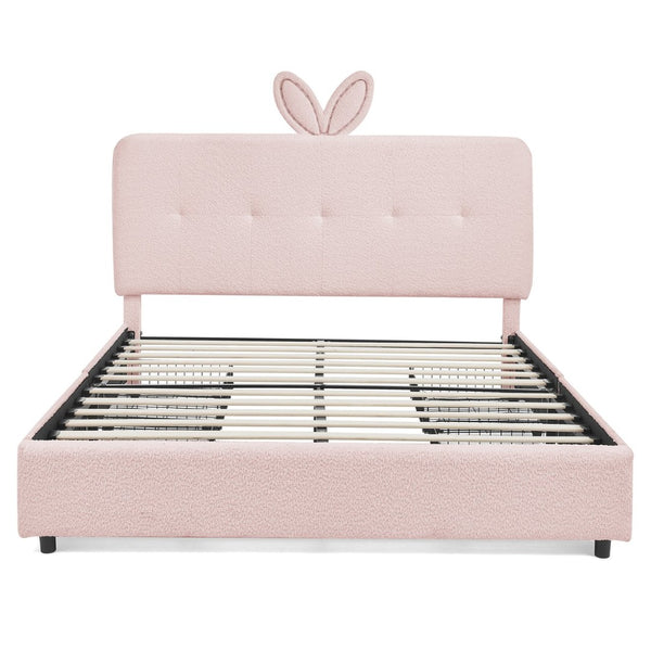 English Elm Queen Boucle Upholstered Kids Bed with Rabbit Ear Headboard Led Lighting Storage Drawers Pink W1413P384926