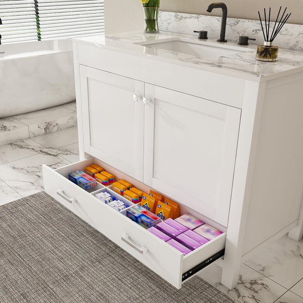 English Elm Modern 43" Bathroom Vanity With Luxurious Carrara White Top, Soft-Close Drawers & Sturdy Storage Solutions W509S00143