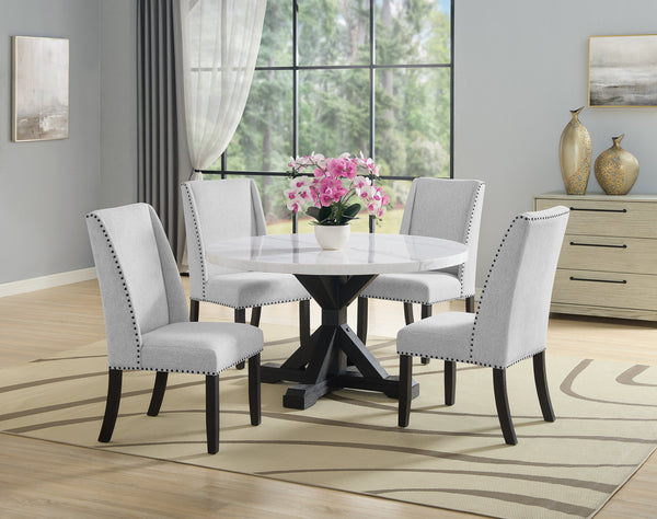 English Elm 5Pc Dining Set - Elegant White Marble Round Table With Dove Gray Wingback Chairs & Black Base B011S00994