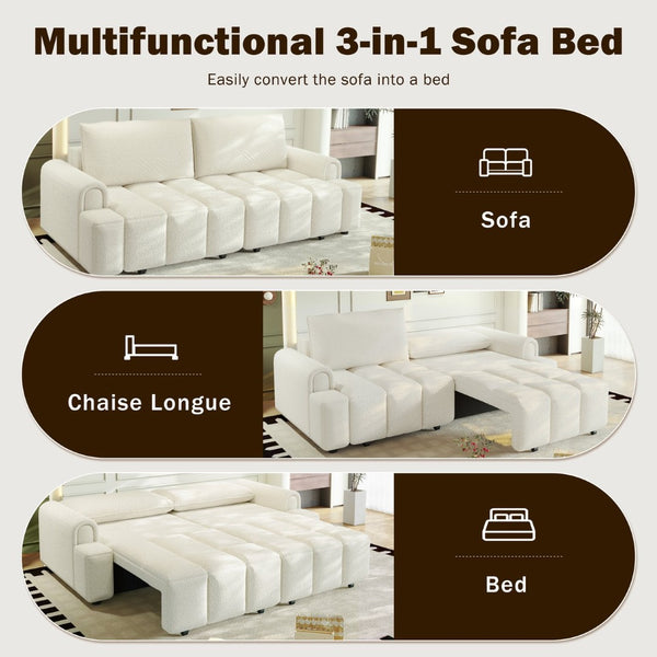 English Elm 90.2" Plush Teddy Fabric Convertible Sleeper Sofa with Hidden Storage for Living Room Beige+White W1885S00311