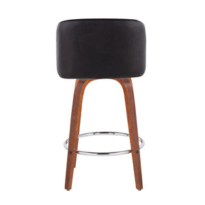 English Elm Toriano Mid-Century Modern Counter Stool Set Of 2 - Walnut Wood, Black Faux Leather & Chrome Footrest B202S00441-GIGA
