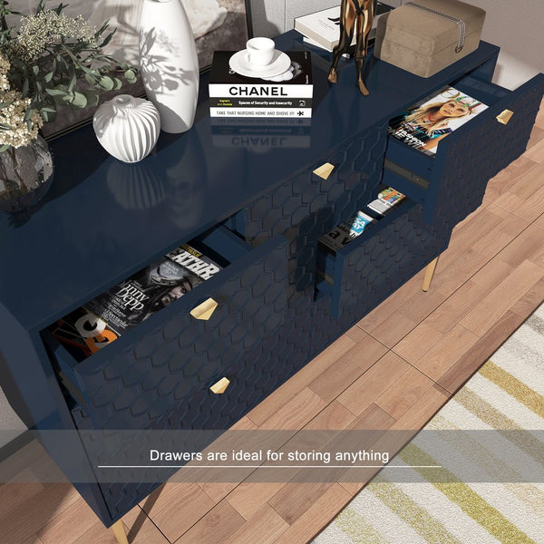 English Elm Modern Tapered Leg 7-Drawer Freestanding Cabinet with Gold Pulls and Heavy-Duty 120lb Drawers for Storage Blue 53.5 L x 18.5 W x 11.42 H T3609P352417