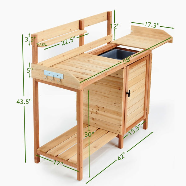 English Elm Outdoor Solid Wood Potting Bench with Built-in Sink Sliding Top and Garden Storage W2640P236086