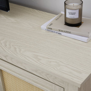 English Elm Farmhouse Rattan TV Stand Console Table with Ample Storage, Cable Management & Adjustable Shelves for 70" TVs Antique White W1758P178930