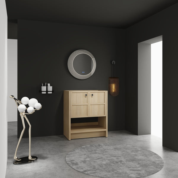 English Elm 30" Freestanding modern oak bathroom vanity with integrated basin, soft-close doors & open shelf storage, plywood construction W1972P268403