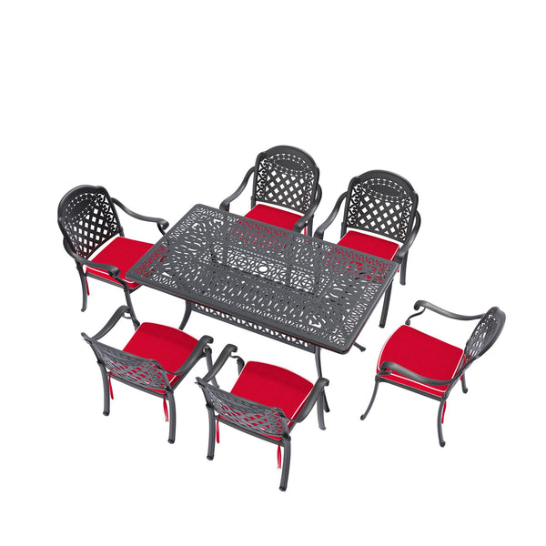 English Elm 7-Piece Cast Aluminum Patio Furniture Set With Red Cushions - Stylish, Durable, Space-Saving Design W1710S00489