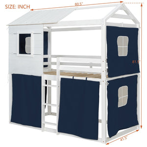 English Elm Twin Treehouse Bunk Bed Solid Pine Playhouse Frame with Cozy Canvas Tent Hideaway LT000379AAC-1