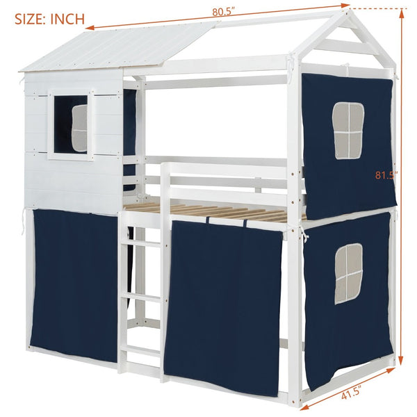 English Elm Twin Treehouse Bunk Bed Solid Pine Playhouse Frame with Cozy Canvas Tent Hideaway LT000379AAC-1