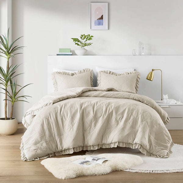 English Elm 3-piece Diamond Quilted King Comforter Set with Ruffled Edges and Prewashed Softness B035P463225