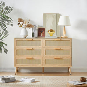 English Elm Bedroom Dresser: Versatile 6-Drawer Rattan Chest For Kids' Rooms & Hallways - Natural Wood Finish! W1162P190401