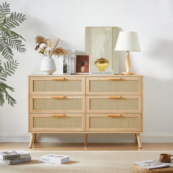 English Elm Bedroom Dresser: Versatile 6-Drawer Rattan Chest For Kids' Rooms & Hallways - Natural Wood Finish! W1162P190401
