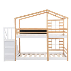 English Elm Twin Over Solid Pine House Bunk Bed with Blackboard Storage Staircase W495S00012