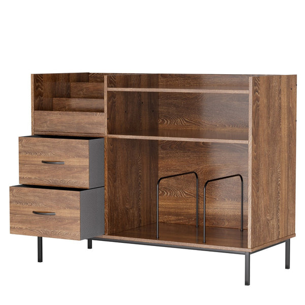 English Elm Record Player Stand with Vinyl Storage Mid-century Wood Console for Living Room T2398P438826