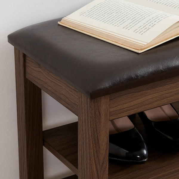 English Elm A Height-Adjustable Shoe-Changing Bench With Storage, Plush Seat, Natural Rubberwood, Warm Brown Finish W487P289976