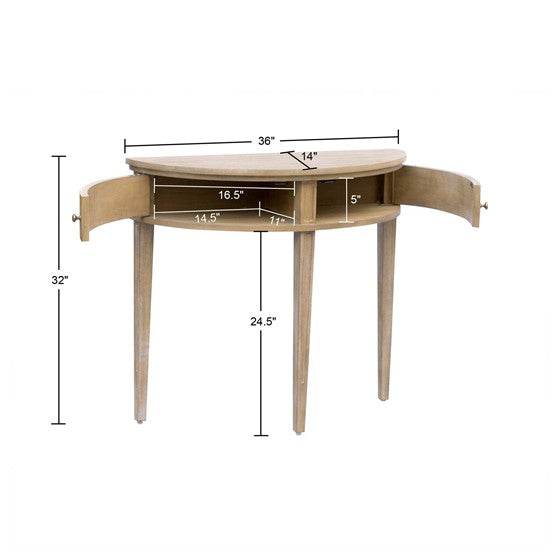 English Elm Storage Console Table Reclaimed Wheat 36" — Vintage Demilune Entry Accent w/ Fluted Doors & Bronze Knobs B035P148426