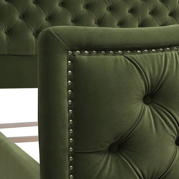 English Elm Jennifer Taylor Home - Marcella Upholstered Shelter Headboard Bed Set - King Size, Olive Green Velvet For Modern Luxury B2719P238229