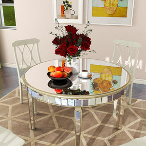 English Elm 47.24" Round Glass Dining Table with Mirror Top Silver Vintage Gold Geometric Frame Elegant Centerpiece W3207P285434