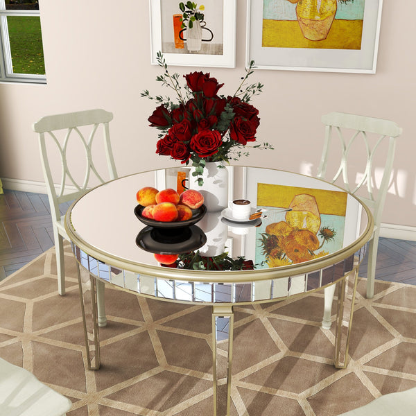 English Elm 47.24" Round Glass Dining Table with Mirror Top Silver Vintage Gold Geometric Frame Elegant Centerpiece W3207P285434