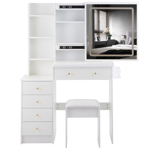 English Elm 37" Vanity Table Set with Led Mirror Stool Built-in Outlets and Hair Dryer Storage White W3258P448846