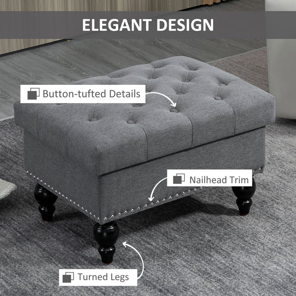 English Elm Homcom Stylish Storage Ottoman - 25" Button-Tufted Gray Bench With Removable Lid & Wood Legs W2225P217738