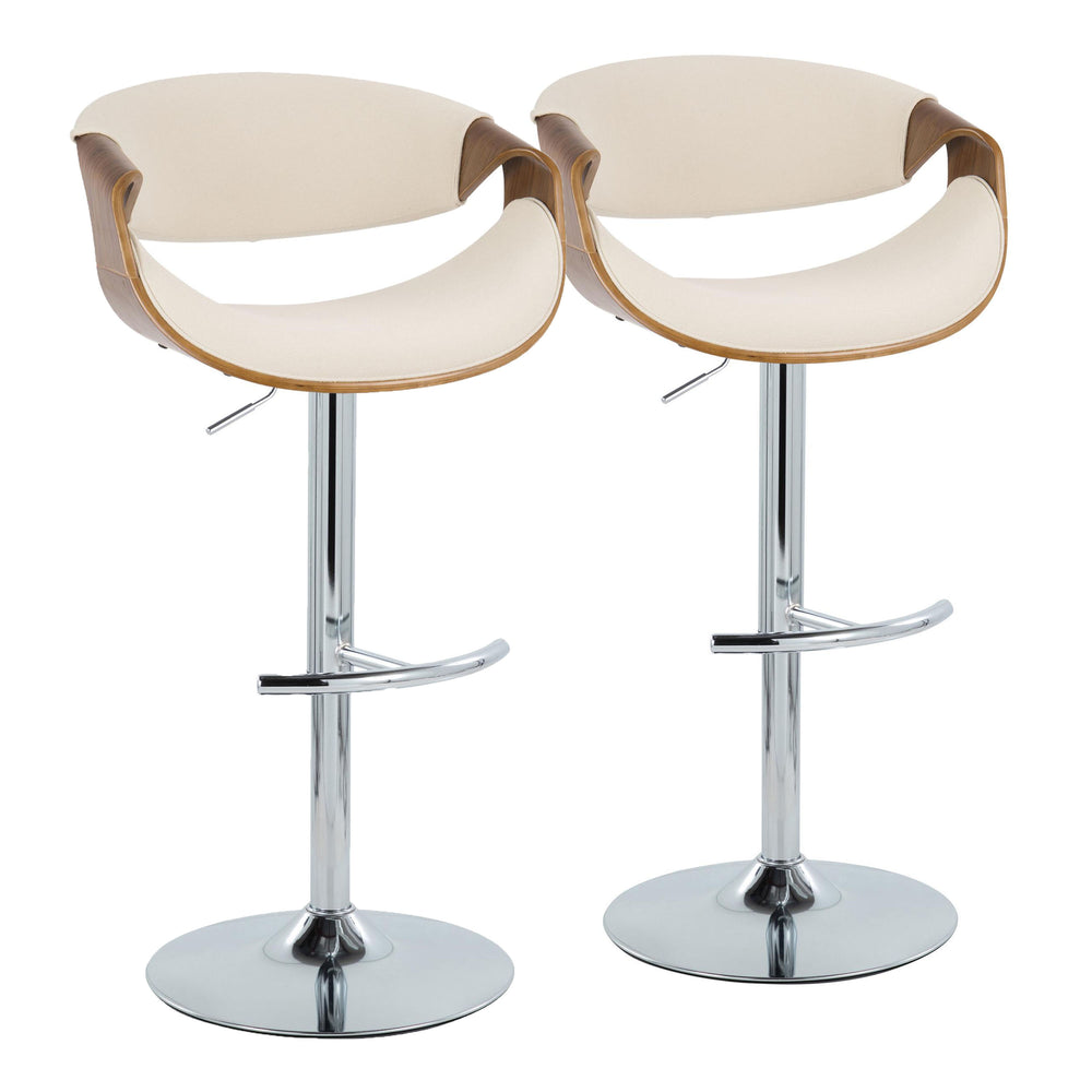 English Elm Curvo Adjustable Mid-Century Barstool Set Of 2 With Swivel Chrome Base, Walnut Wood & Cream Fabric B202S00806