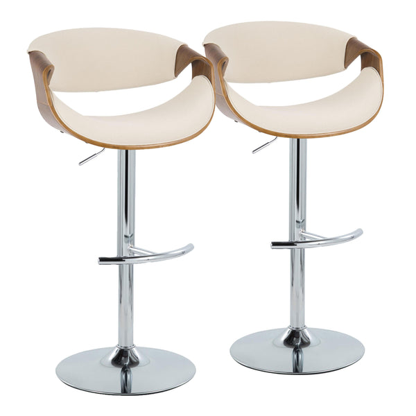 English Elm Curvo Adjustable Mid-Century Barstool Set Of 2 With Swivel Chrome Base, Walnut Wood & Cream Fabric B202S00806