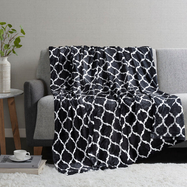 JLA Home Madison Park - Oversized Microlight Plush Throw with Ogee Pattern, Ultra-Lofty Lightweight Comfort, OEKO-TEX Certified Black MP50-3509