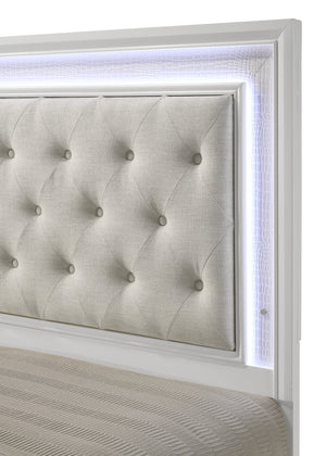 English Elm 1pc Luxurious Tufted Panel Bed with Embossed Crocodile Pattern and Integrated LED Backlit Headboard, Queen Oat,White 59.76 L x 36.3 W x 4.76 H B011S01954