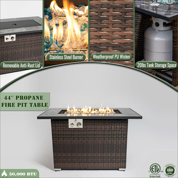 English Elm 44" 44" Propane Fire Pit Table 50000 BTU Rectangular Ceramic Tile Top Wicker Base Glass Rocks Windshield W85343036