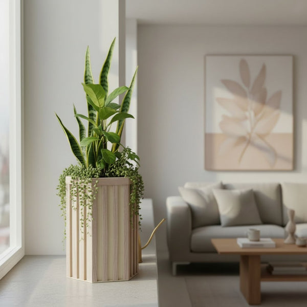English Elm Hexagon Column Aluminum Planter Geometric Outdoor Pot with Wood Tone Powder Coat Finish Ash Brown B2755P462183