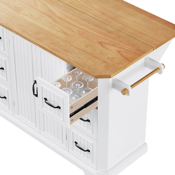 English Elm K&K 56-Inch Kitchen Island Cart with Embossed Vertical Stripe, Drop Leaf, Charging Station, Storage White N707P266184W