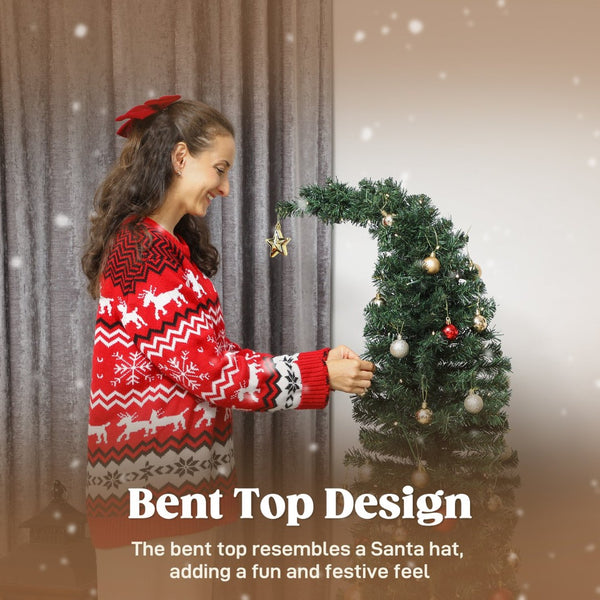 English Elm 5 Ft Slim Whimsical Bent Top Prelit Fir Tree with 100 Warm White Leds Metal Stand T3971P390053