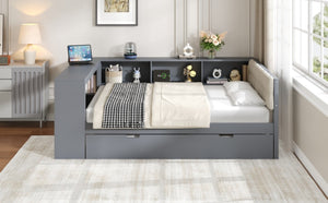 English Elm Wood Twin Platform Bed Linen Headboard Storage Shelves Trundle Charging Station Gray N709P004024E