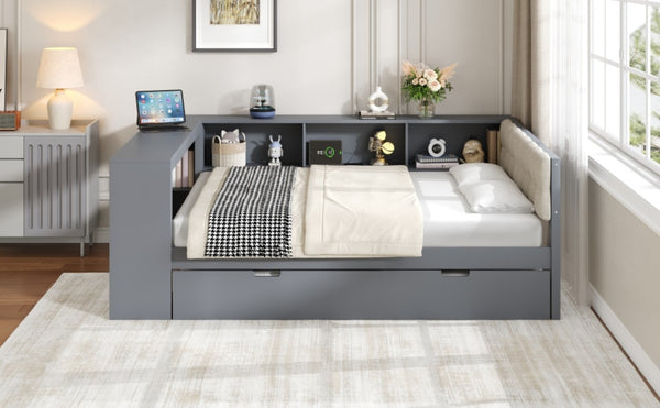 English Elm Wood Twin Platform Bed Linen Headboard Storage Shelves Trundle Charging Station Gray N709P004024E