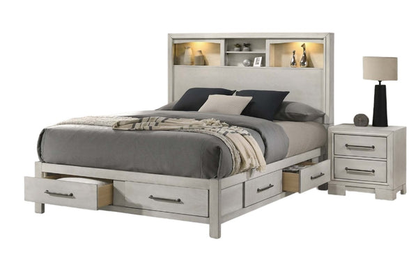English Elm Modern Transitional Eastern King Platform Bed Open Shelves Led Lights Antique White B011S02119