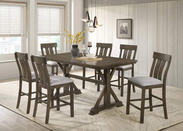 English Elm 5pc Counter Height Dining Set Rustic Farmhouse Trestle Table with Upholstered Slat-Back Chairs, Bench B2741S00533