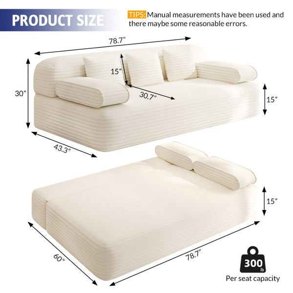 English Elm 78.7" Frameless Convertible Corduroy Sofa Sleeper Queen Bed for Compact Living Spaces Beige W3219P427161