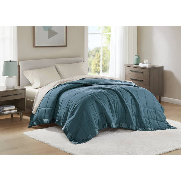 JLA Home Madison Park - Lightweight Down Alternative Blanket with Satin Trim, Moisture-Wicking OEKO-TEX Hypoallergenic Comfort Teal MP51-7663